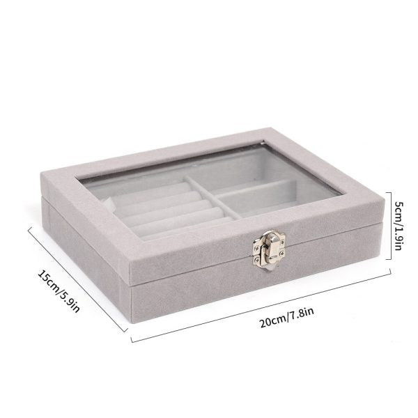 Velvet Jewelry Organizer Box with Glass Cover – Display & Storage for Rings, Earrings, Bracelets